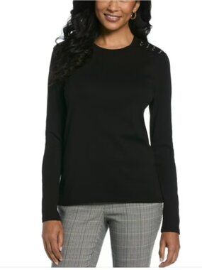 Rafaella Women's Crewneck Grommet-Lacing Shoulder detail Long Sleeve Top